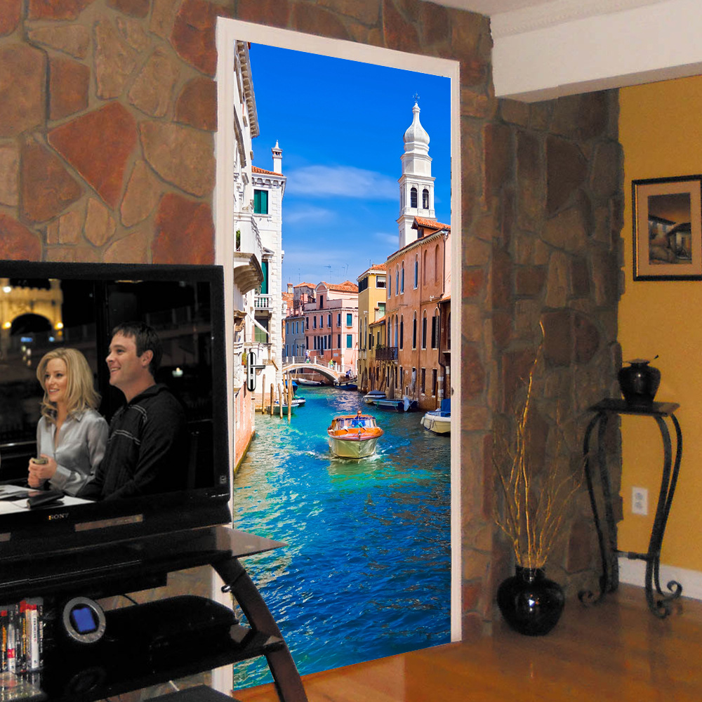 Водоотпорен 3D Вратата Налепница Мурали Позадина Венеција, Градот на Реката Ѕид Decals самолепливи ПВЦ Налепници DIY Mural Decals 77*200cm