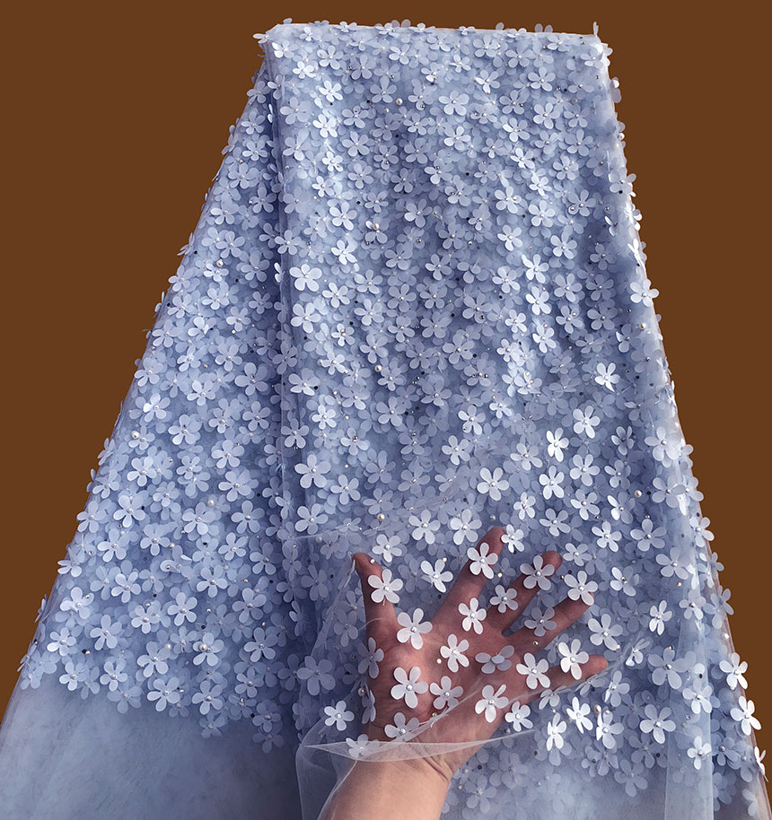 Бебе сини единствена 3D tulle чипка висок квалитет француска чипка Африкански мрежа нето ткаенини со sequins 5 метри по парче