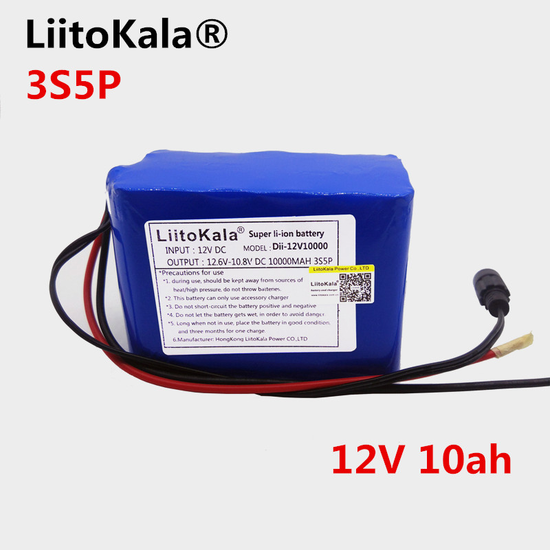 Liitokala голем капацитет 12V 10Ah 18650 литиум батерија заштита одбор 12.6 V 10000mAh капацитет + 12V 1А батерија полнач